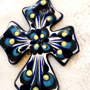 Ceramic Cross pottery handpainted blues yellow celtic 4"x3" decor wall
